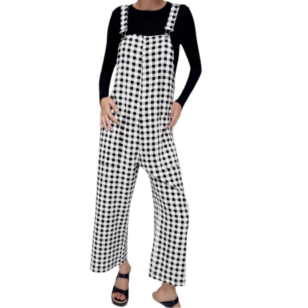 Zara Black White Gingham Linen Blend Overall Size Small